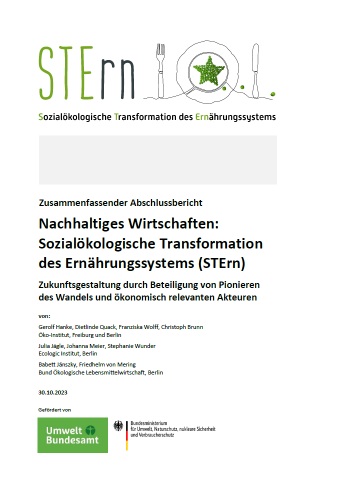 Cover des STErn-Abschlussberichts "Nachhaltiges Wirtschaften: Sozialökologische Transformation des Ernährungssystems (STErn) Zukunftsgestaltung durch Beteiligung von Pionieren des Wandels und ökonomisch relevanten Akteuren" mit den Logos vom Umweltbundesamt und Bundesministerium für Umwelt, Naturschutz, nukleare Sicherheit und Verbraucherschutz im Footer. Im Header das Stern-Projektbanner mit Name Teller gabel, Messer und einem Erbsenstern